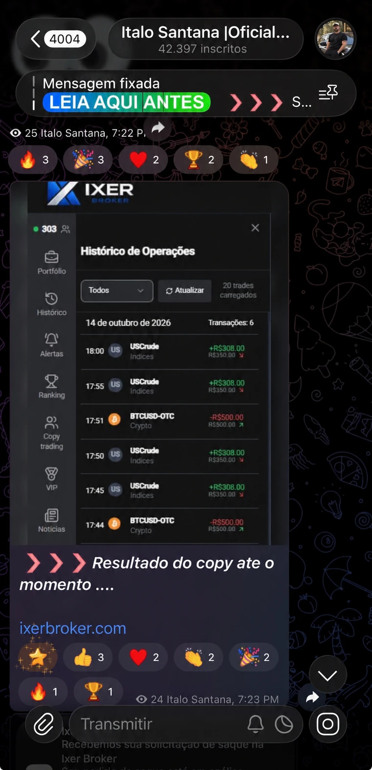 Histórico de operações publicado no Telegram