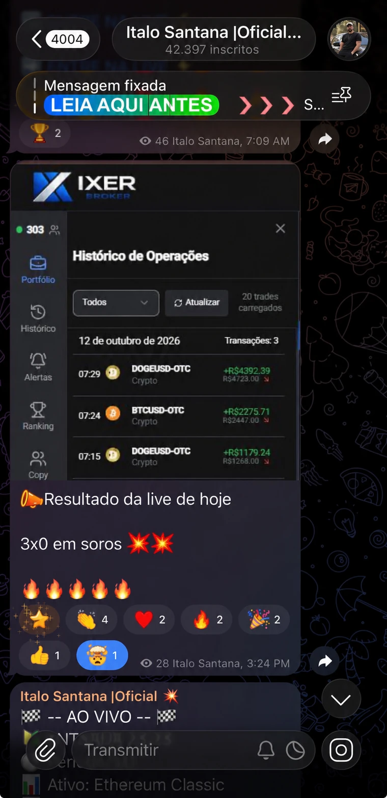 Histórico de operações e resultado de live